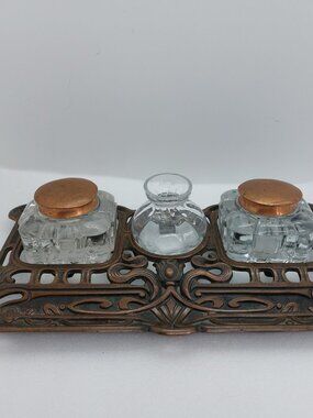 Antique Cast Metal Dual Inkwell Desk Stand Pierced Art Nouveau Glass Inkwell